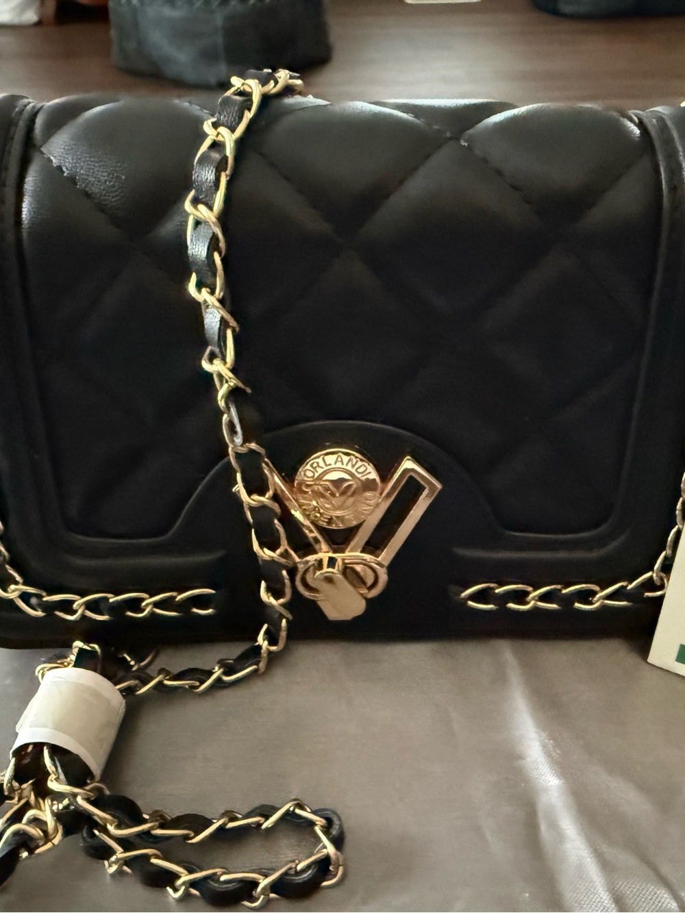 Black Quilted Chain-Strap Crossbody Bag with Gold Hardware